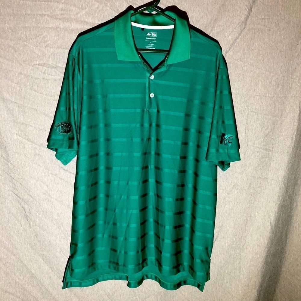 Green Striped Adidas ClimaCool Dr. Pepper Short Sleeve Polo Shirt Mens Size L